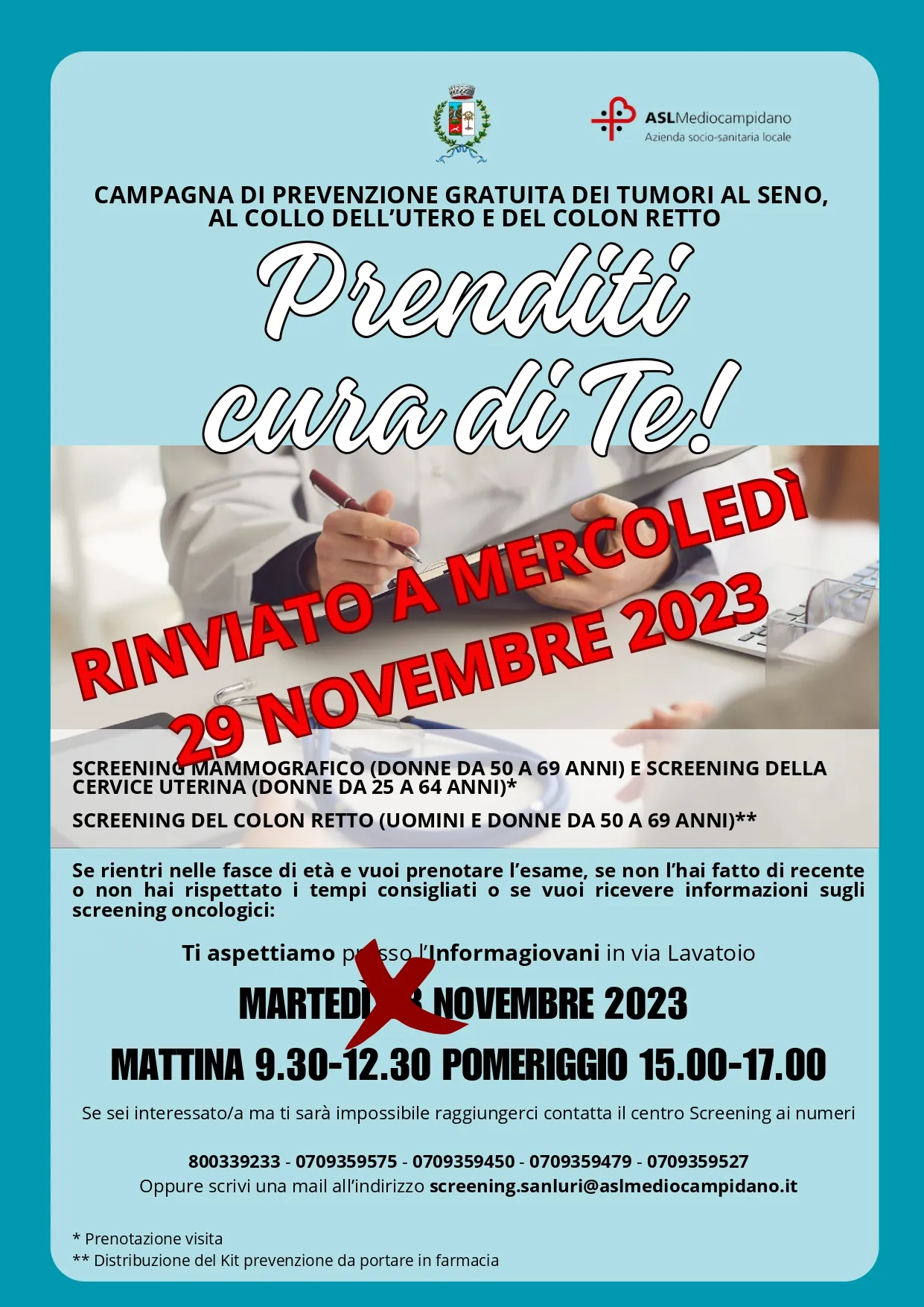 Posticipo campagna di prevenzione gratuita dei tumori al seno, al collo dell'utero e al colon retto.