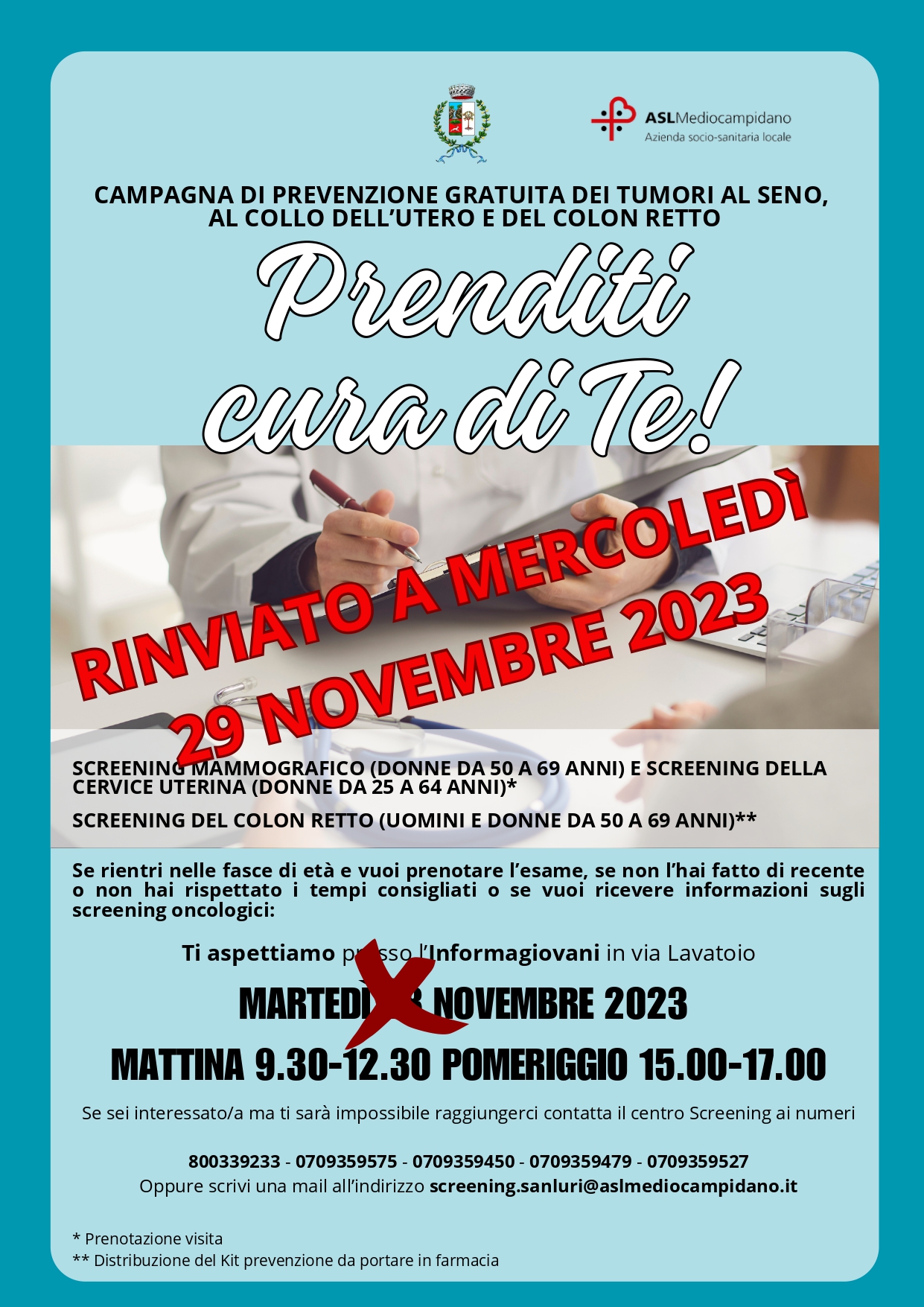 Posticipo campagna di prevenzione gratuita dei tumori al seno, al collo dell'utero e al colon retto.